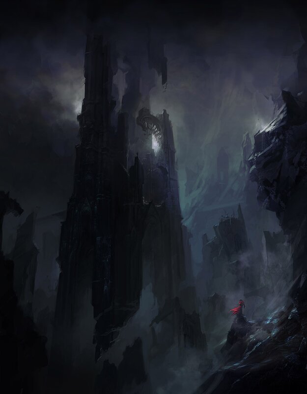 Dark castle in a misty valley