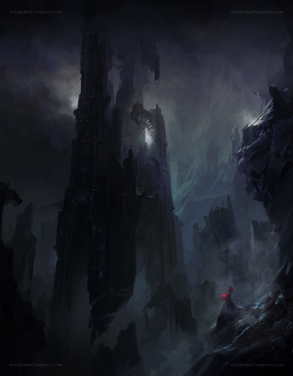 Dark castle in a misty valley