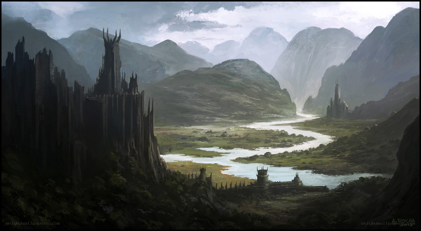 Dark castle in a mountain valley