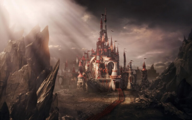 Dark castle in a rocky landscape