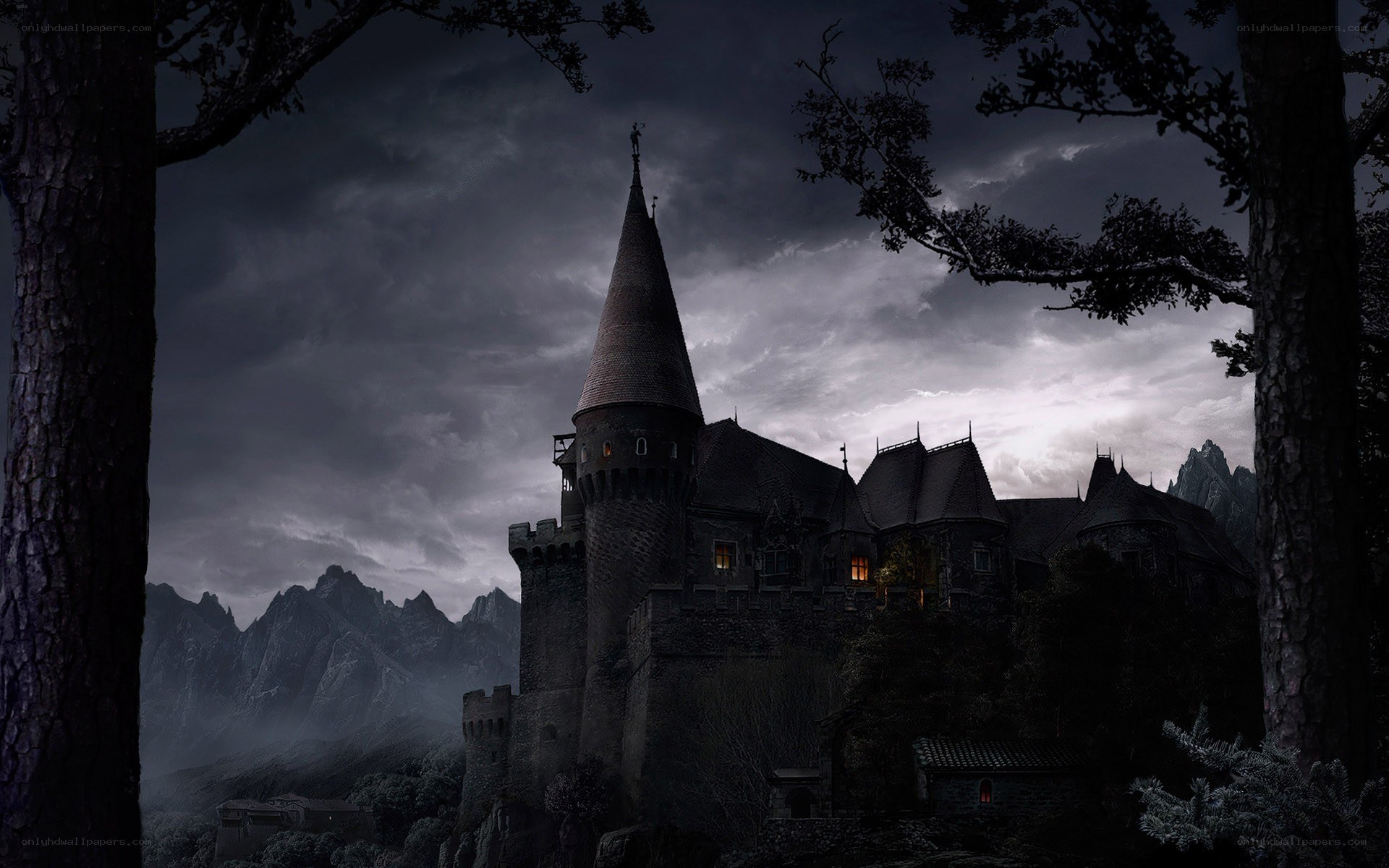 Dark castle in misty mountains
