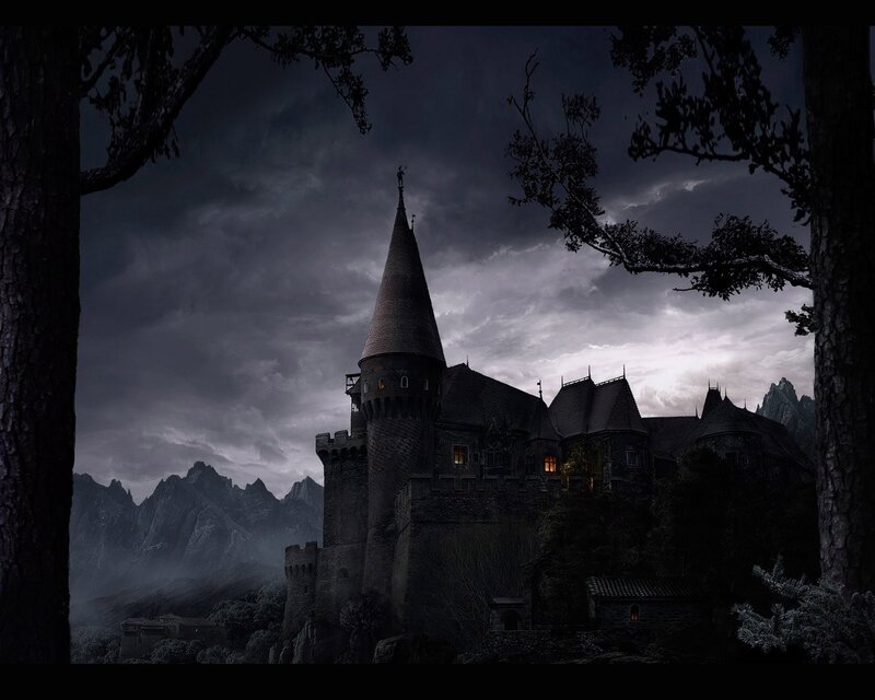 Dark castle in stormy mountains