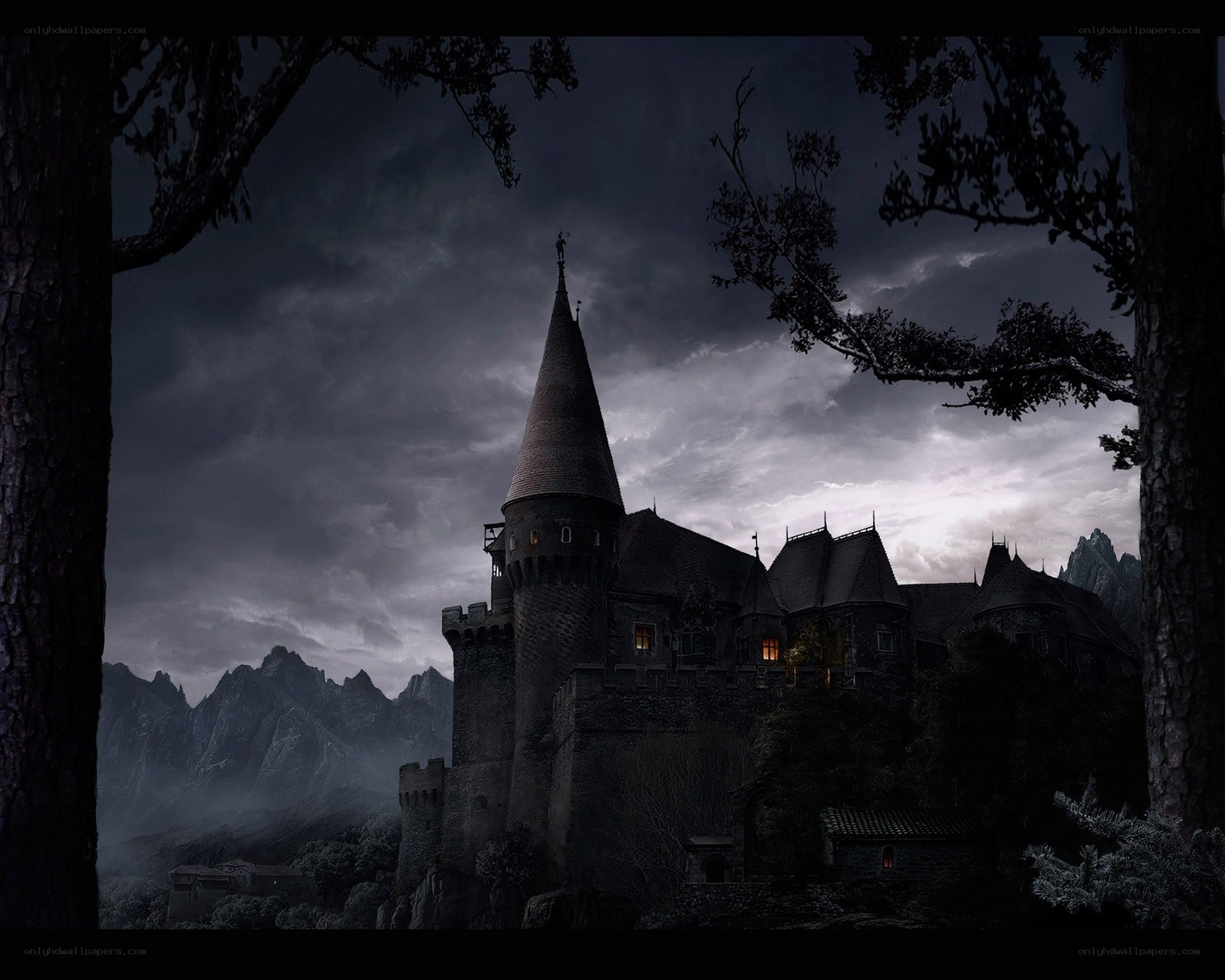 Dark castle in stormy mountains