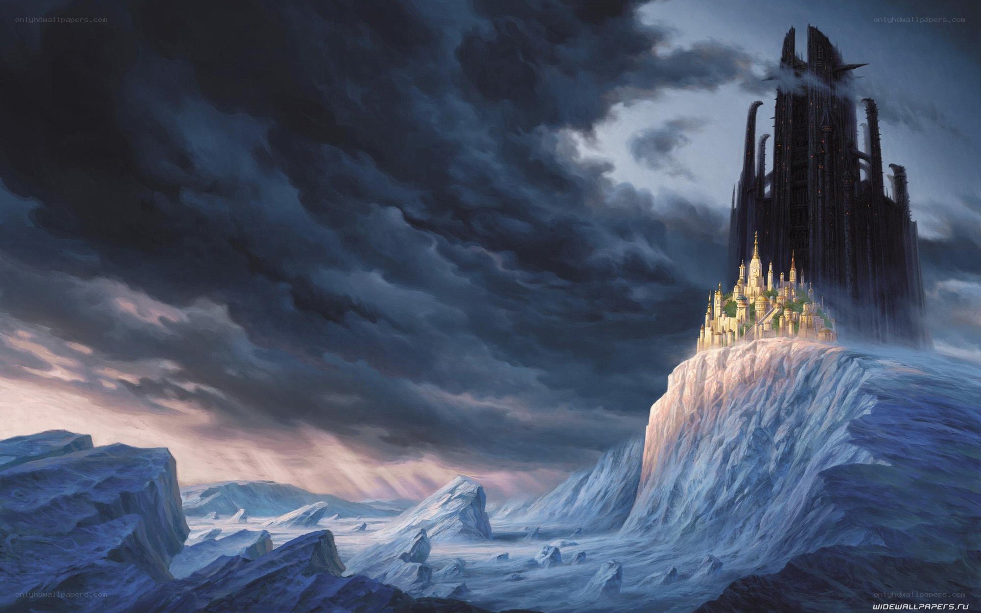 Dark castle on a snowy cliff