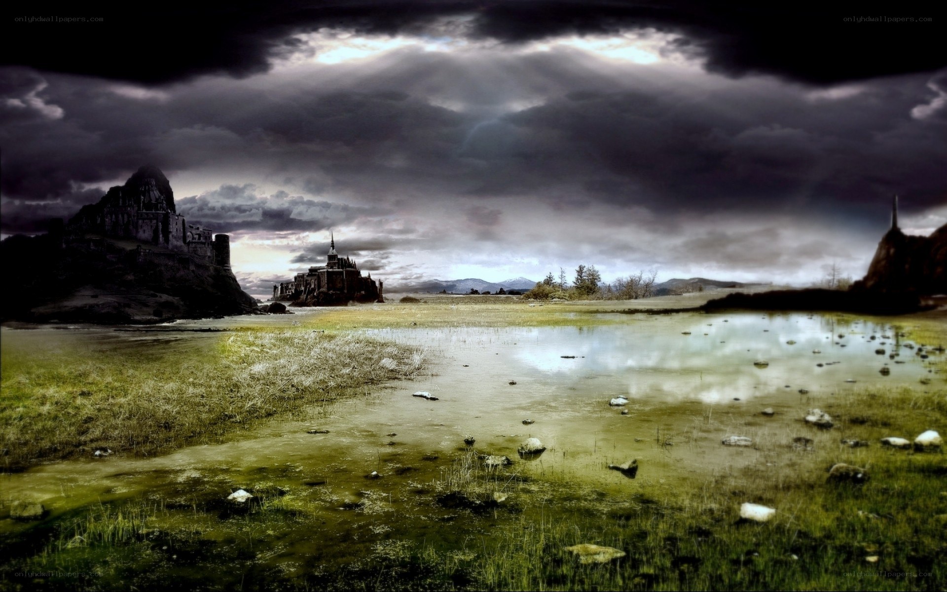 Dark castle on a stormy plain