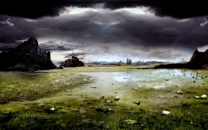 Dark castle on a stormy plain