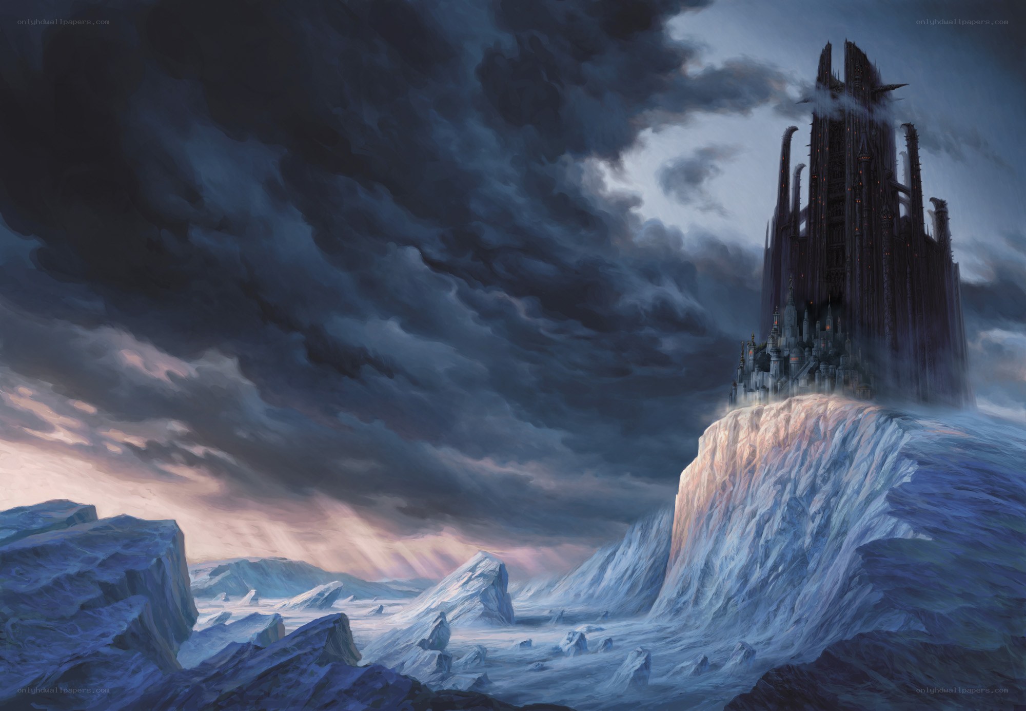 Dark castle on icy cliff
