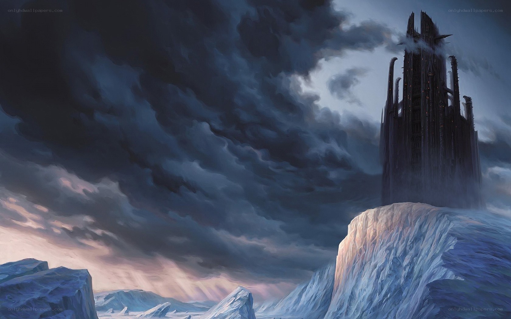 Dark castle on icy cliff