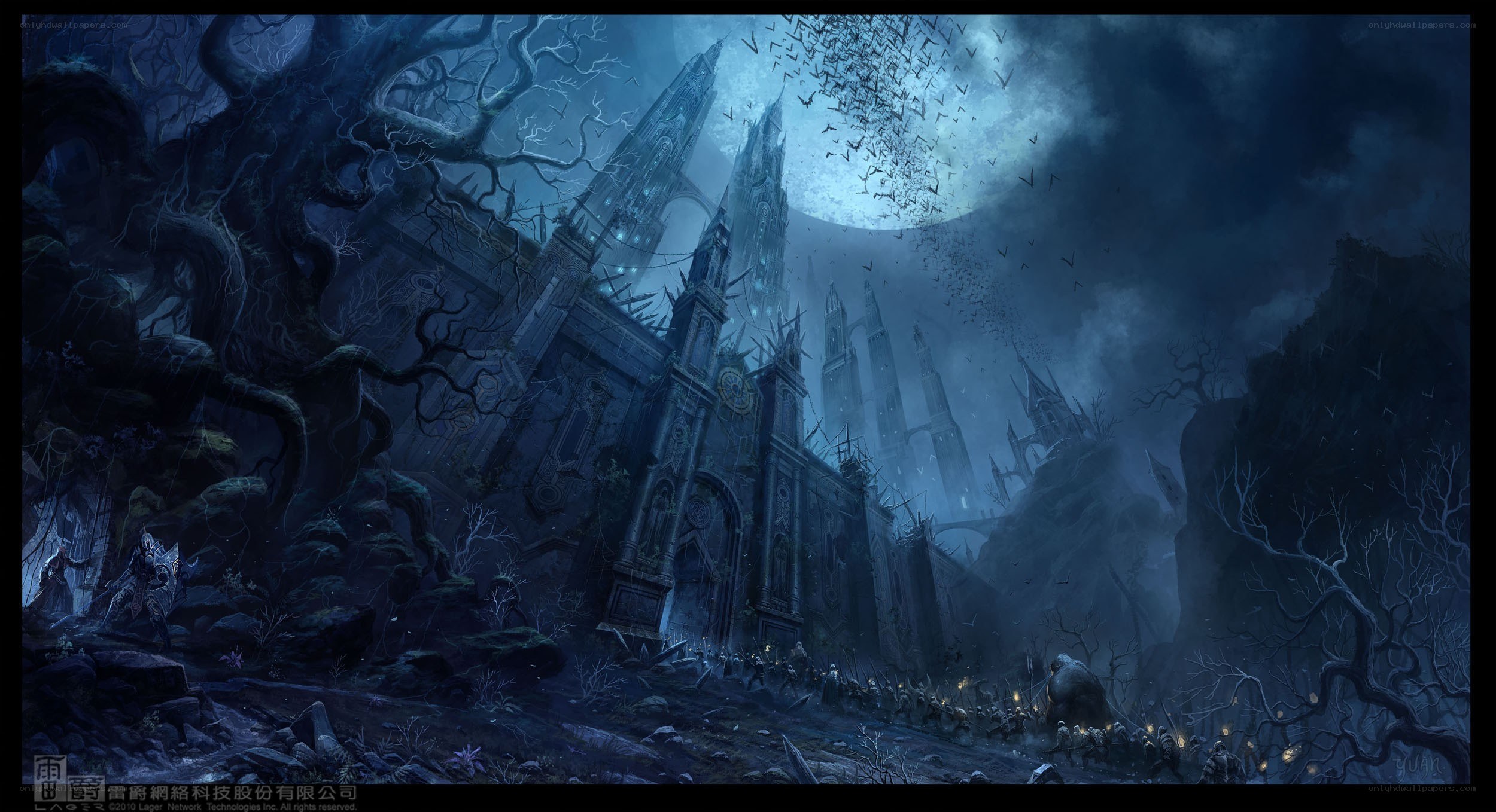 Dark castle under a moonlit sky