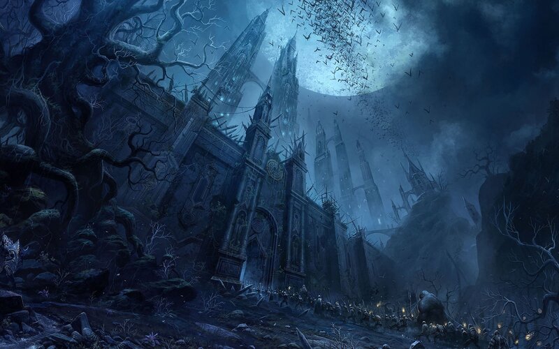 Dark castle under a moonlit sky