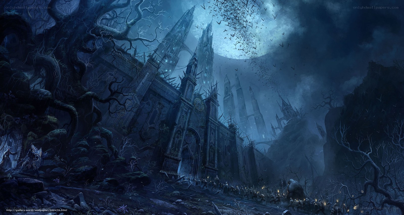 Dark castle under moonlight