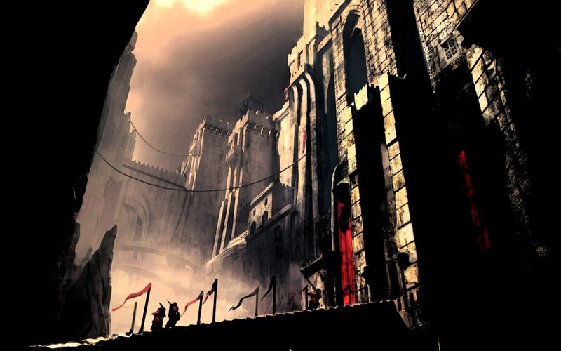 dark castle under stormy sky