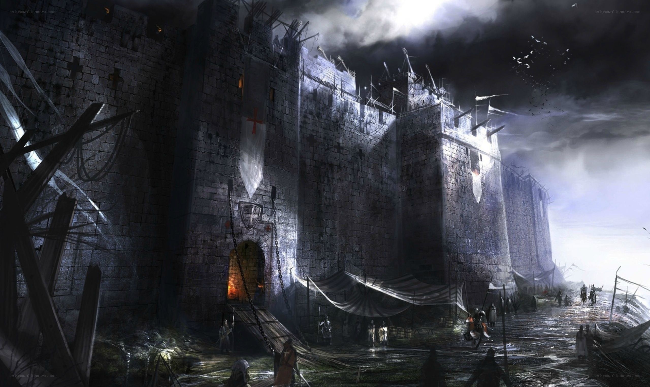 Dark castle under stormy sky