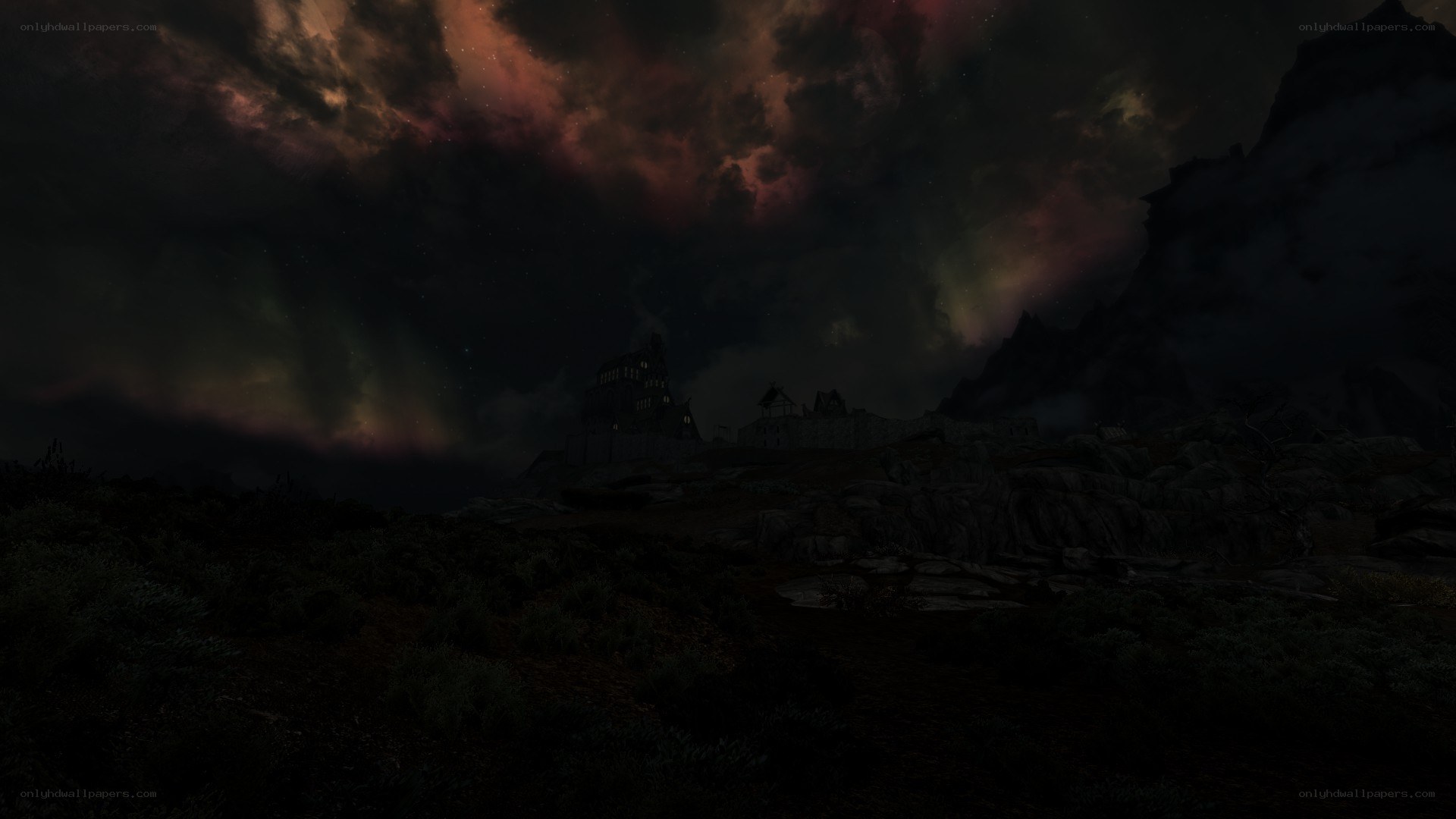 Dark castle under stormy sky