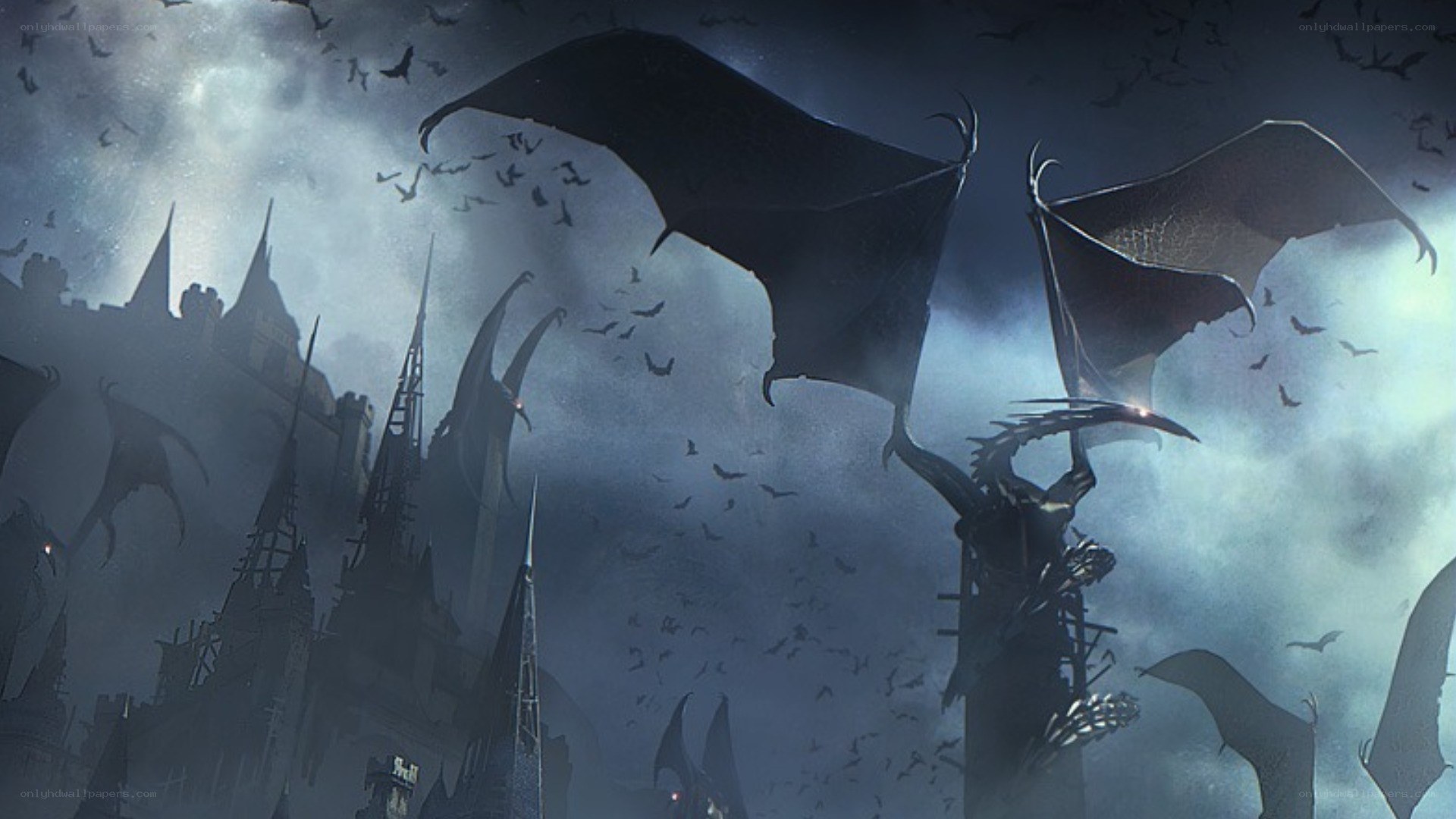 Dark castle with flying dragons
