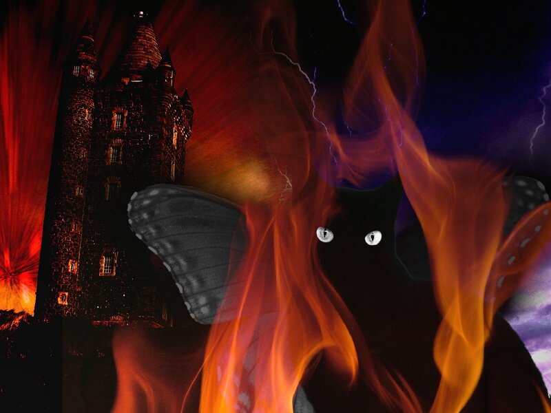 Dark cat with castle and fire