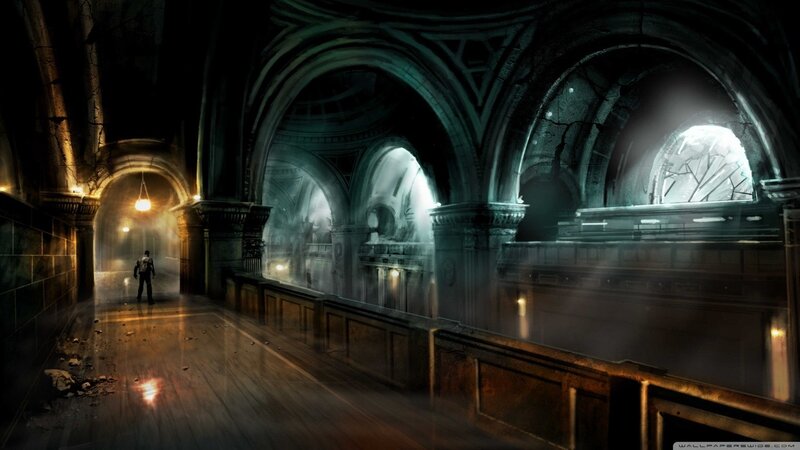 dark cathedral hallway