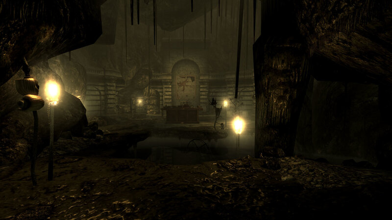 dark cave with ancient ruins