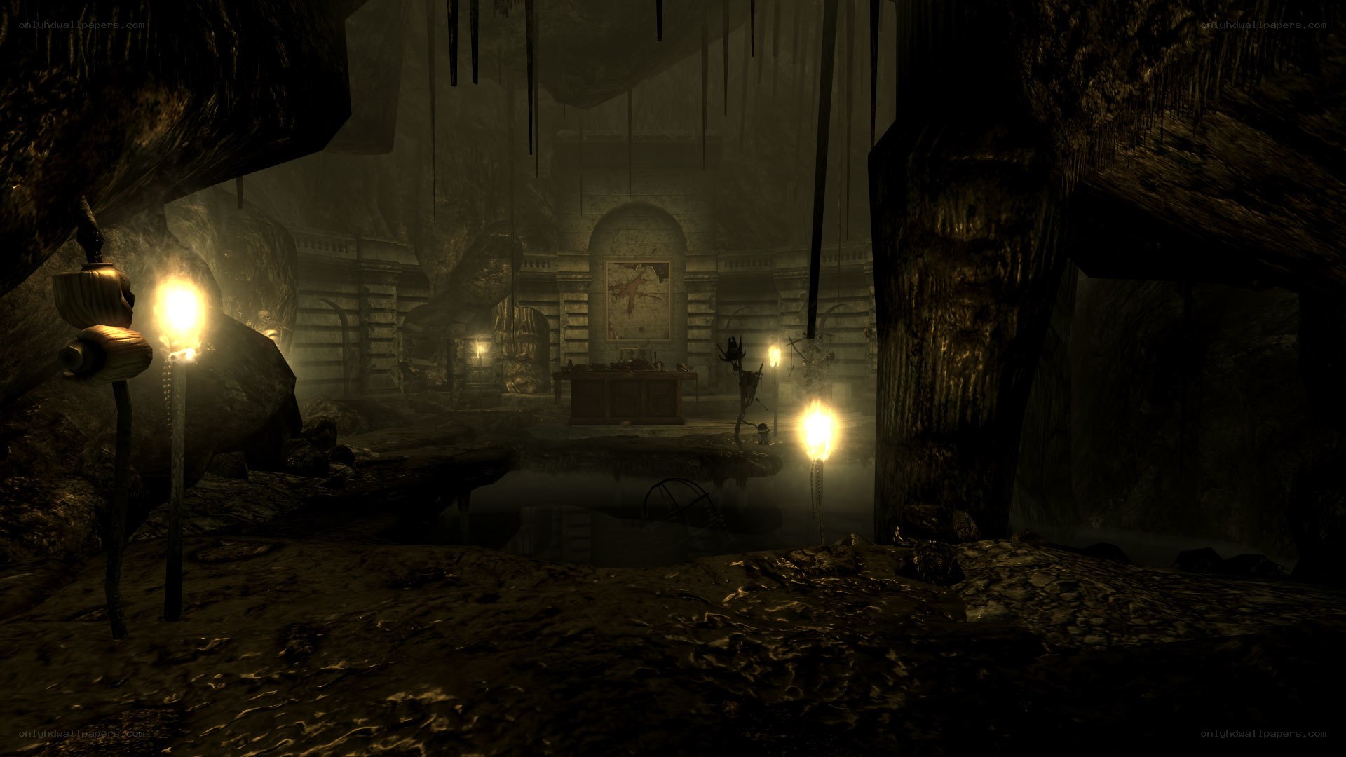 dark cave with ancient ruins