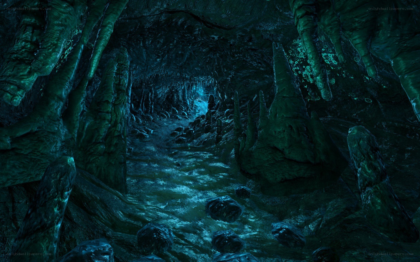 dark cave with flowing stream
