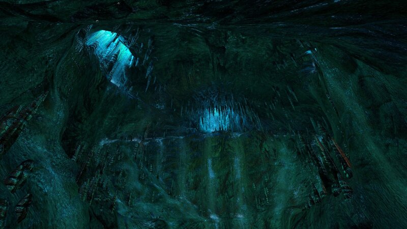 dark cave with glowing blue light