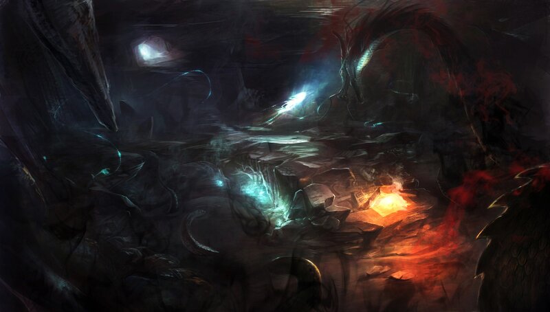 dark cave with glowing creatures