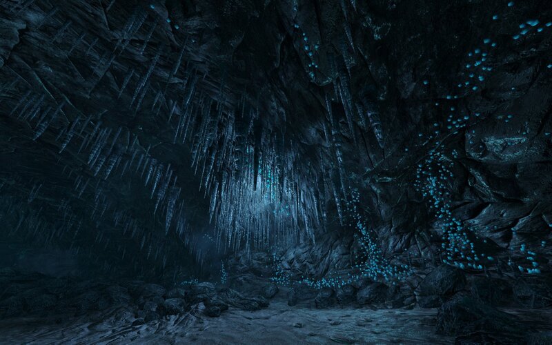 dark cave with glowing crystals