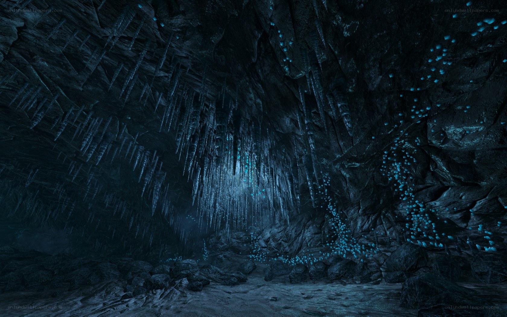 dark cave with glowing crystals