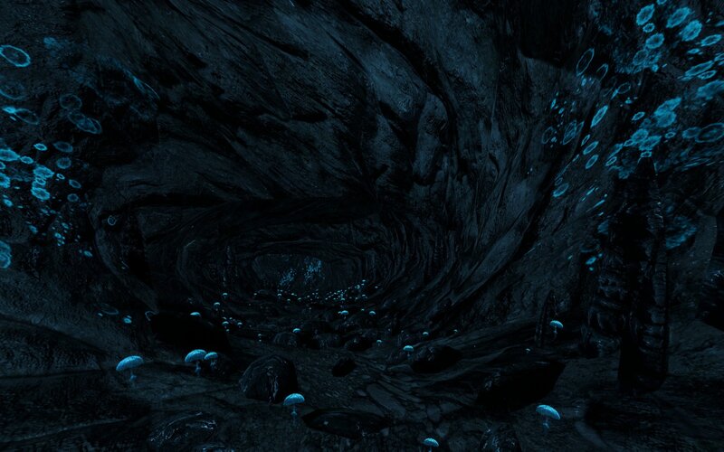 dark cave with glowing mushrooms