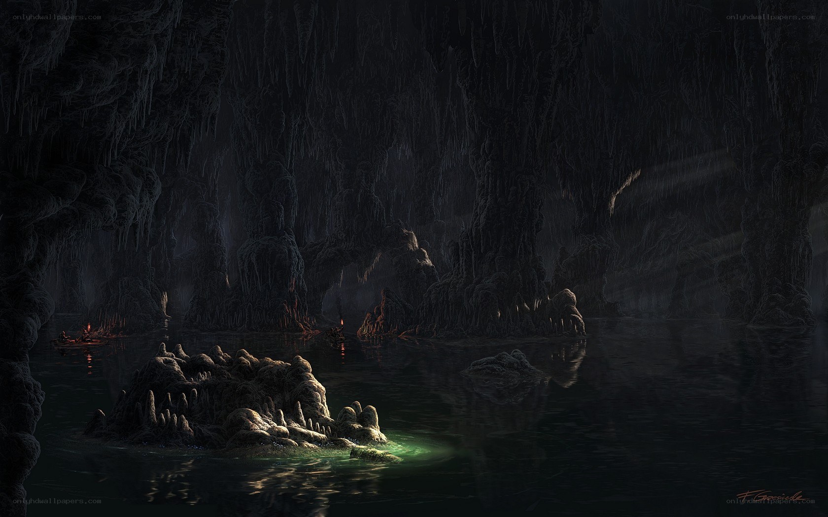 Dark cave with glowing water