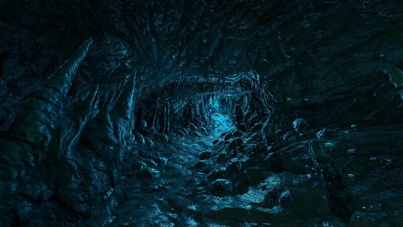 dark cave with glowing water