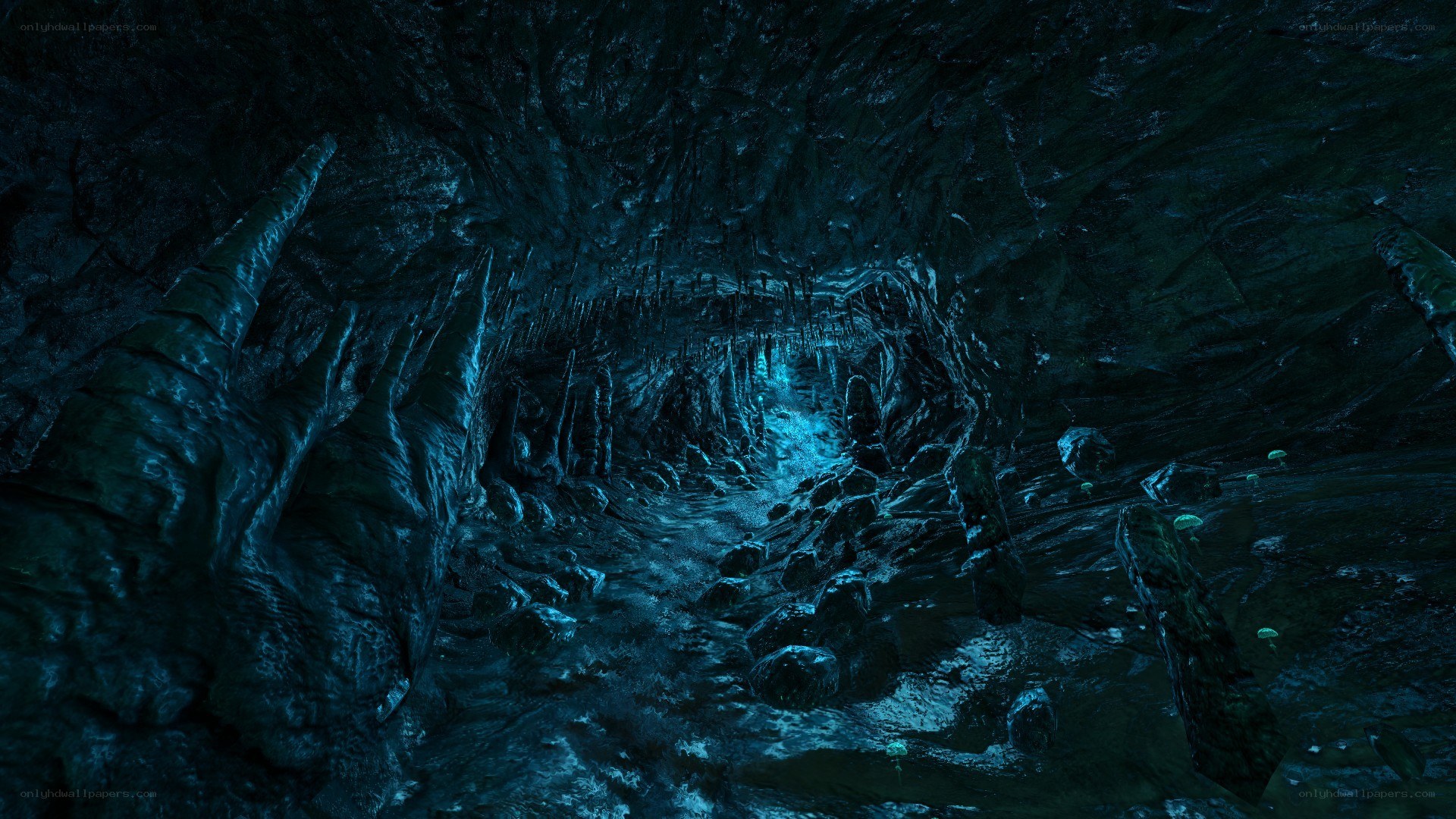 dark cave with glowing water