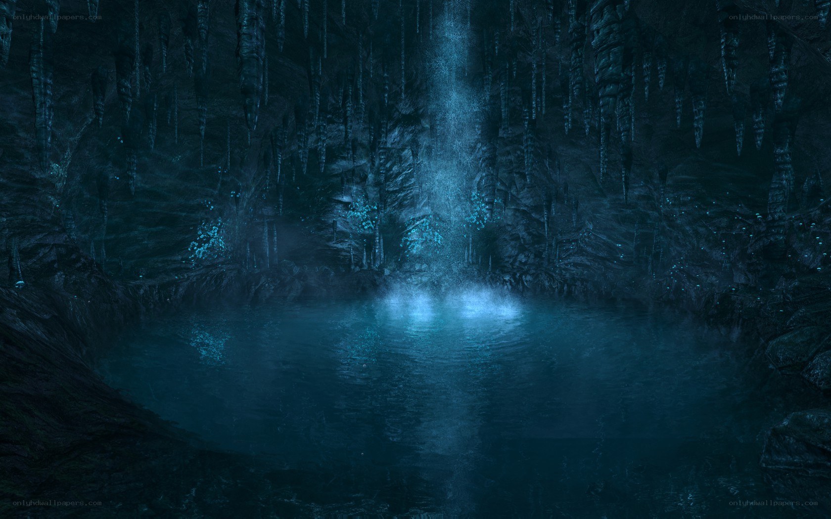 dark cave with glowing water