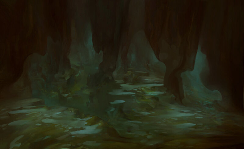 dark cave with glowing water