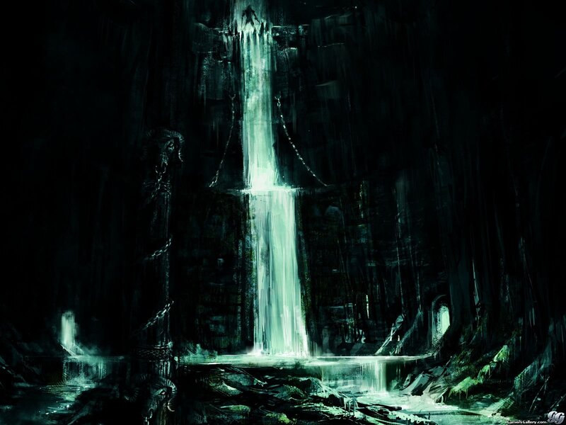 dark cave with glowing waterfall