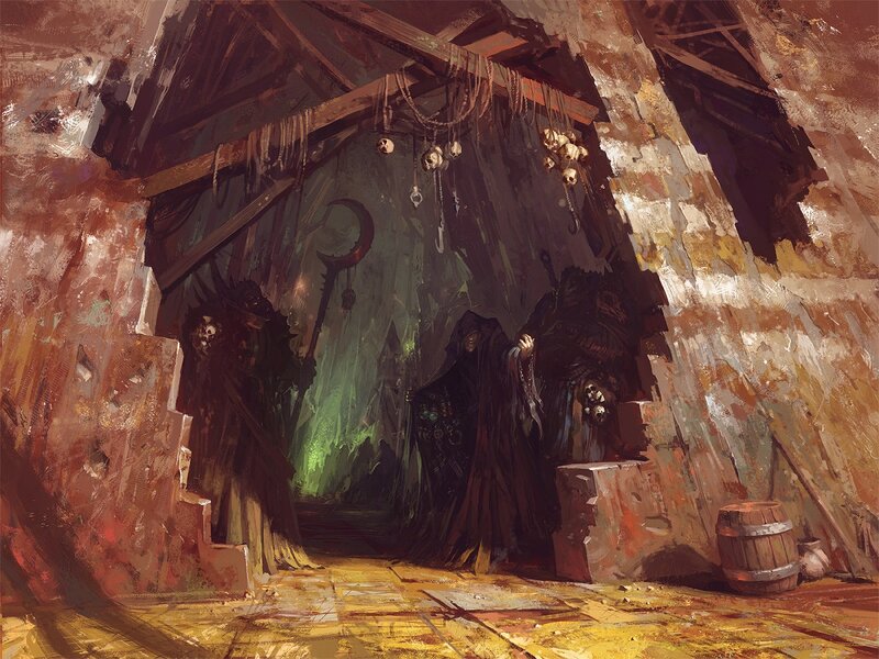 Dark cave with hooded figures
