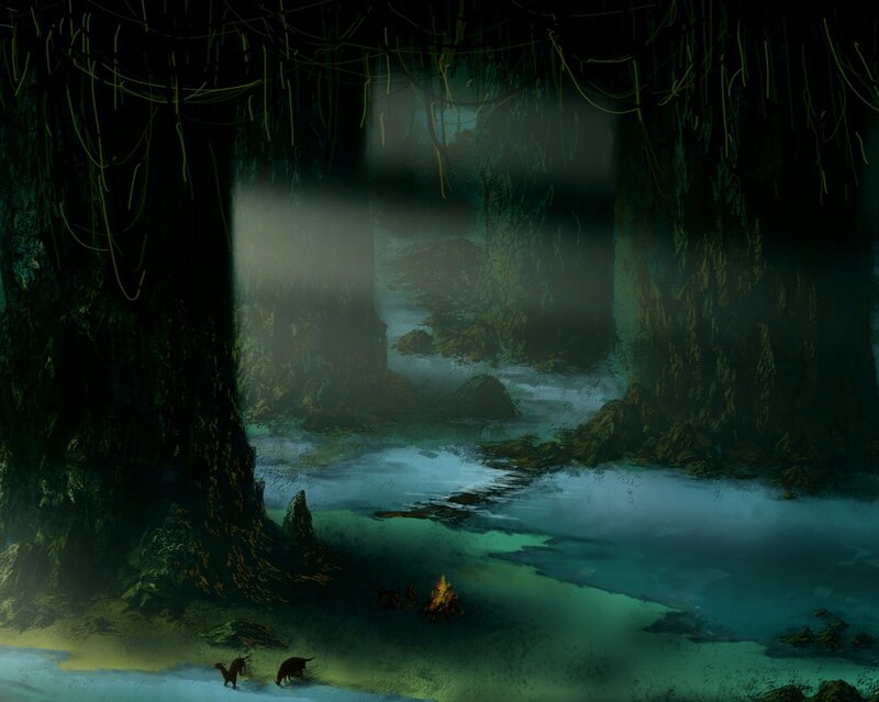 Dark cave with river and campfire