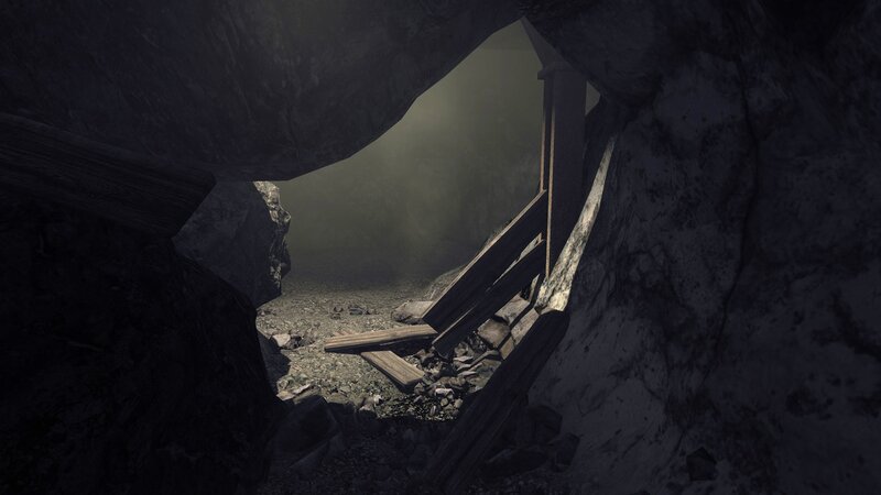 dark cave with wooden debris