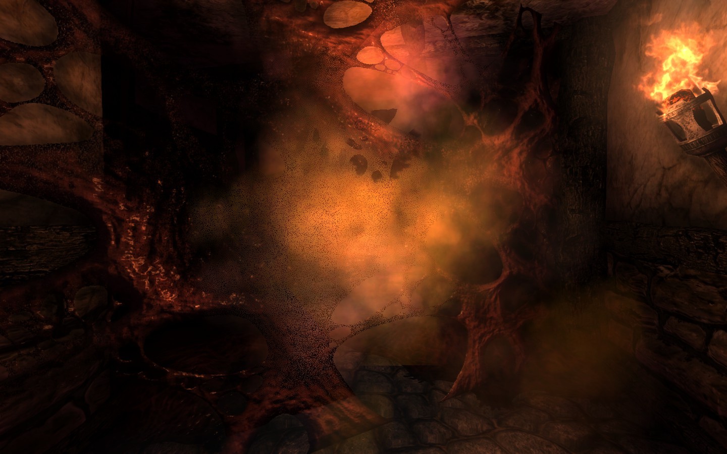 dark cavern with fire