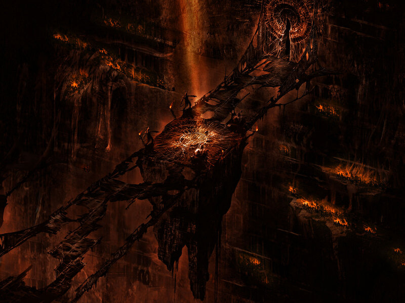 Dark cavern with floating platforms