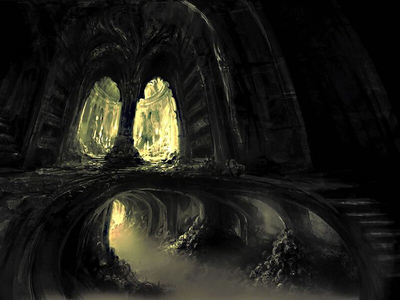 dark cavern with glowing arches