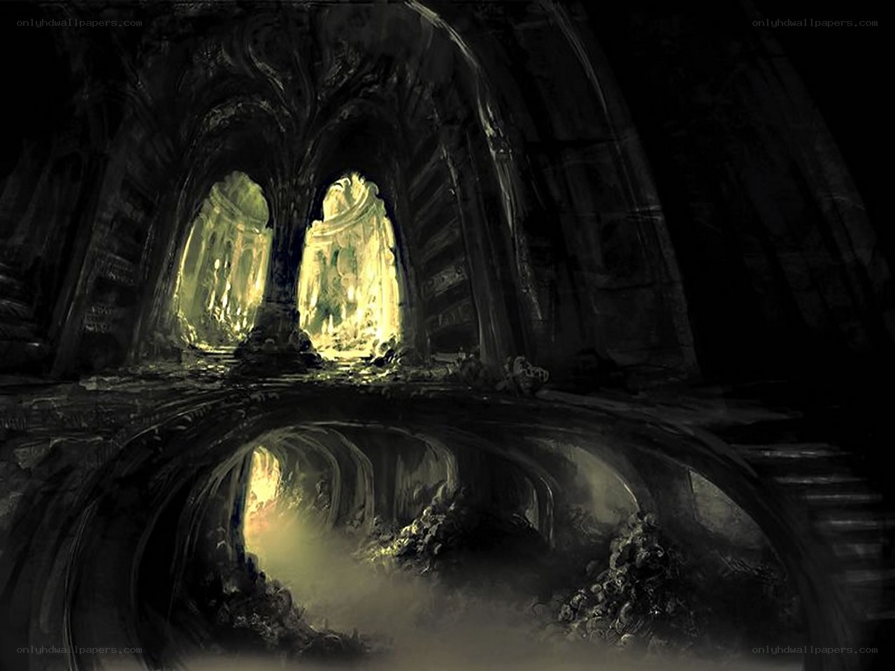 dark cavern with glowing arches