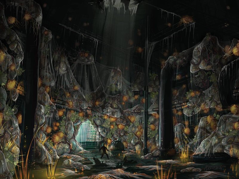 Dark cavern with glowing creatures