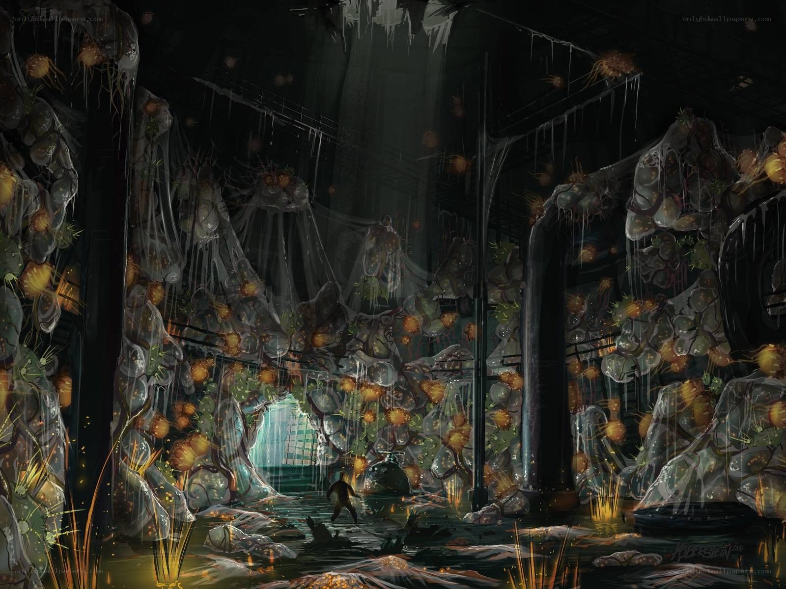 Dark cavern with glowing creatures