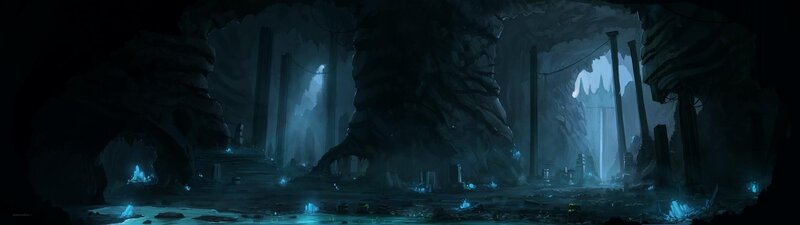 dark cavern with glowing crystals
