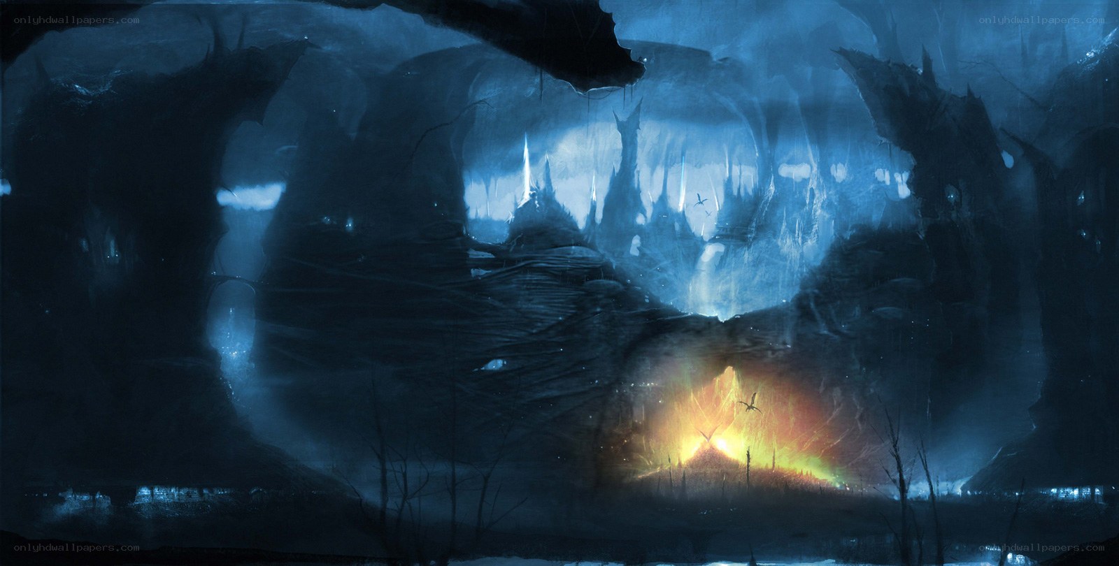 dark cavern with glowing fire