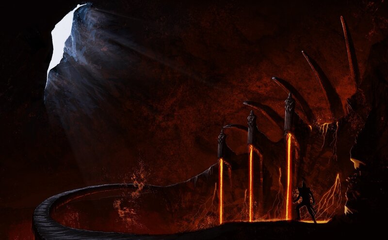 dark cavern with glowing pillars