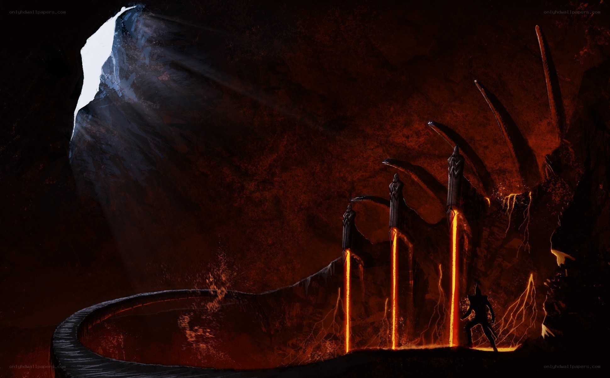 dark cavern with glowing pillars