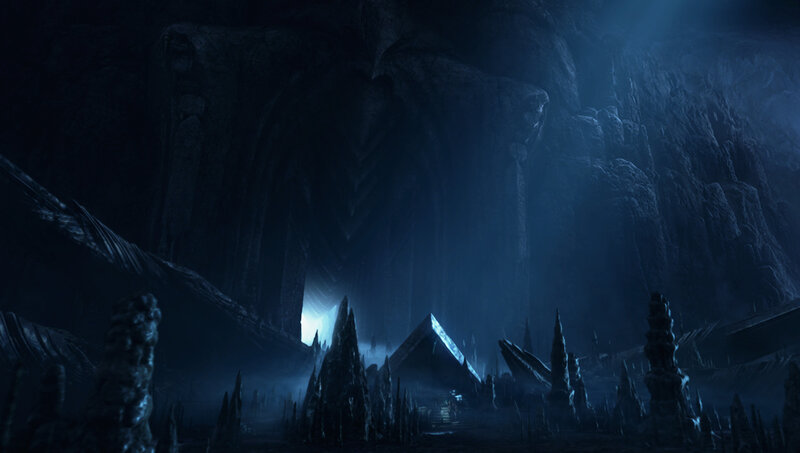 dark cavern with glowing structure