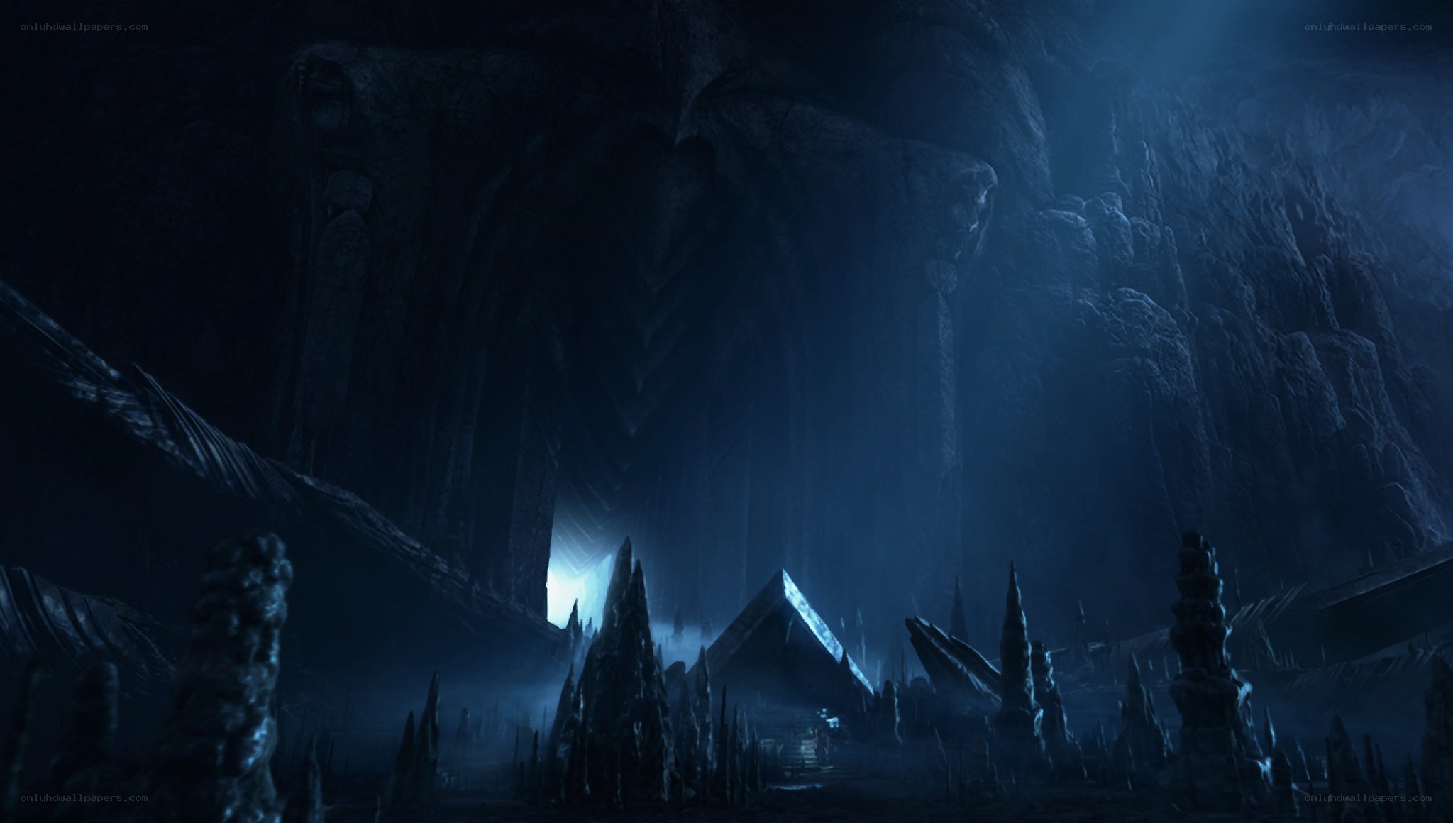dark cavern with glowing structure